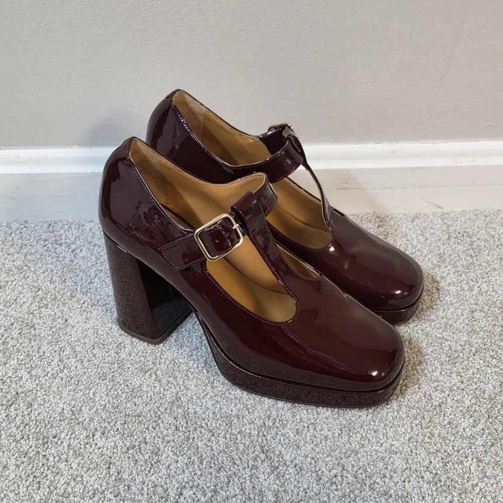 Sezane Monique Mary Jane Heels Burgundy Patent Leather Platform Pumps EU 39